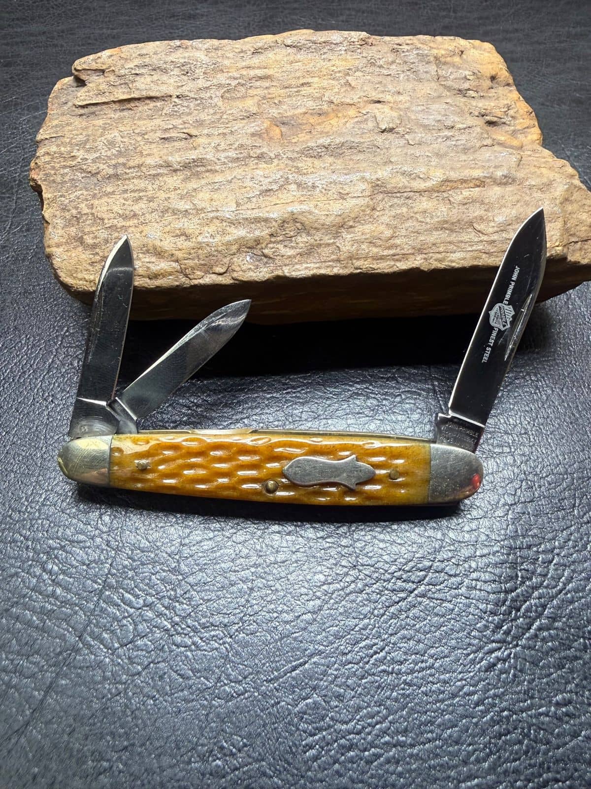 John Primble Authorized Reproduction 3-Blade Cattle Knife Amber Jigged Bone