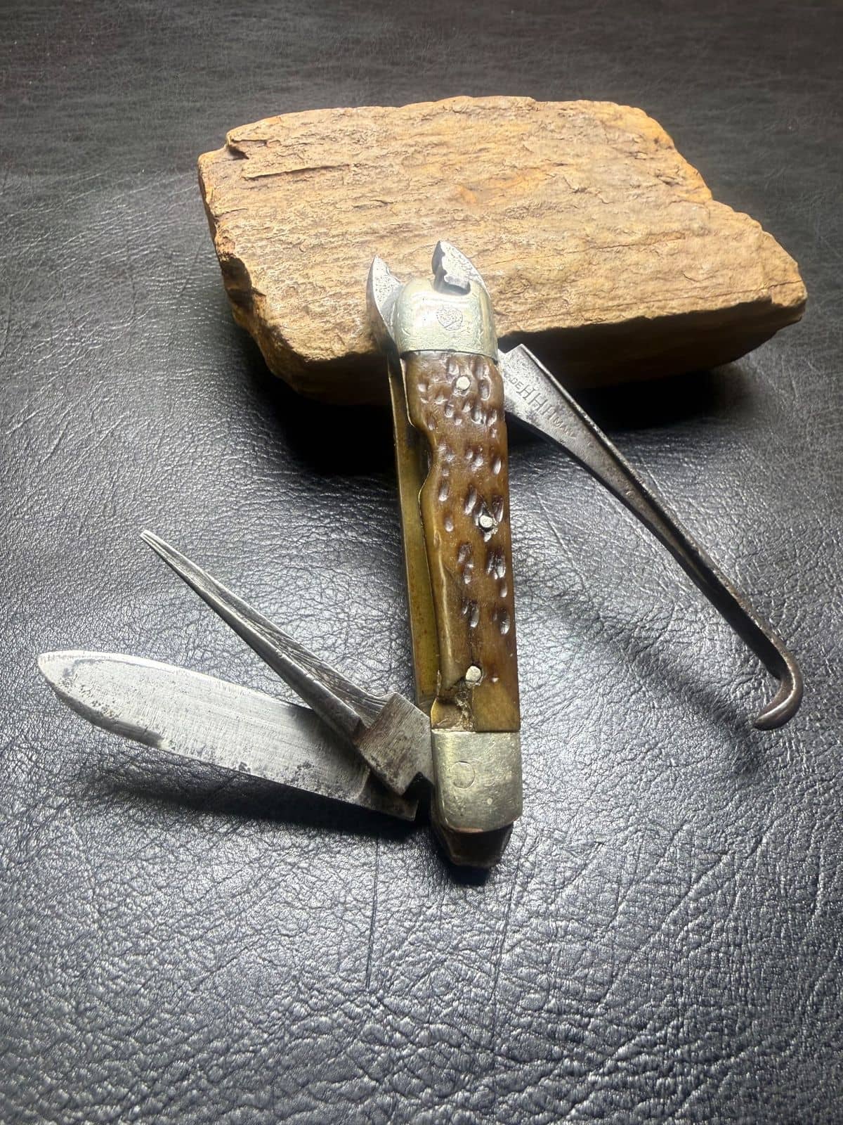 O. Barnett Tool Co. Plier-Knife Multitool, Jigged Bone (c. 1900–1915)