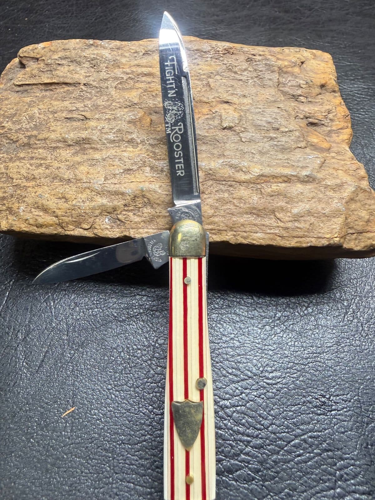 Fight'n Rooster 2-Blade Jack Knife - Red & White Candy-Stripe Celluloid - Frank Buster — image 1 of 2
