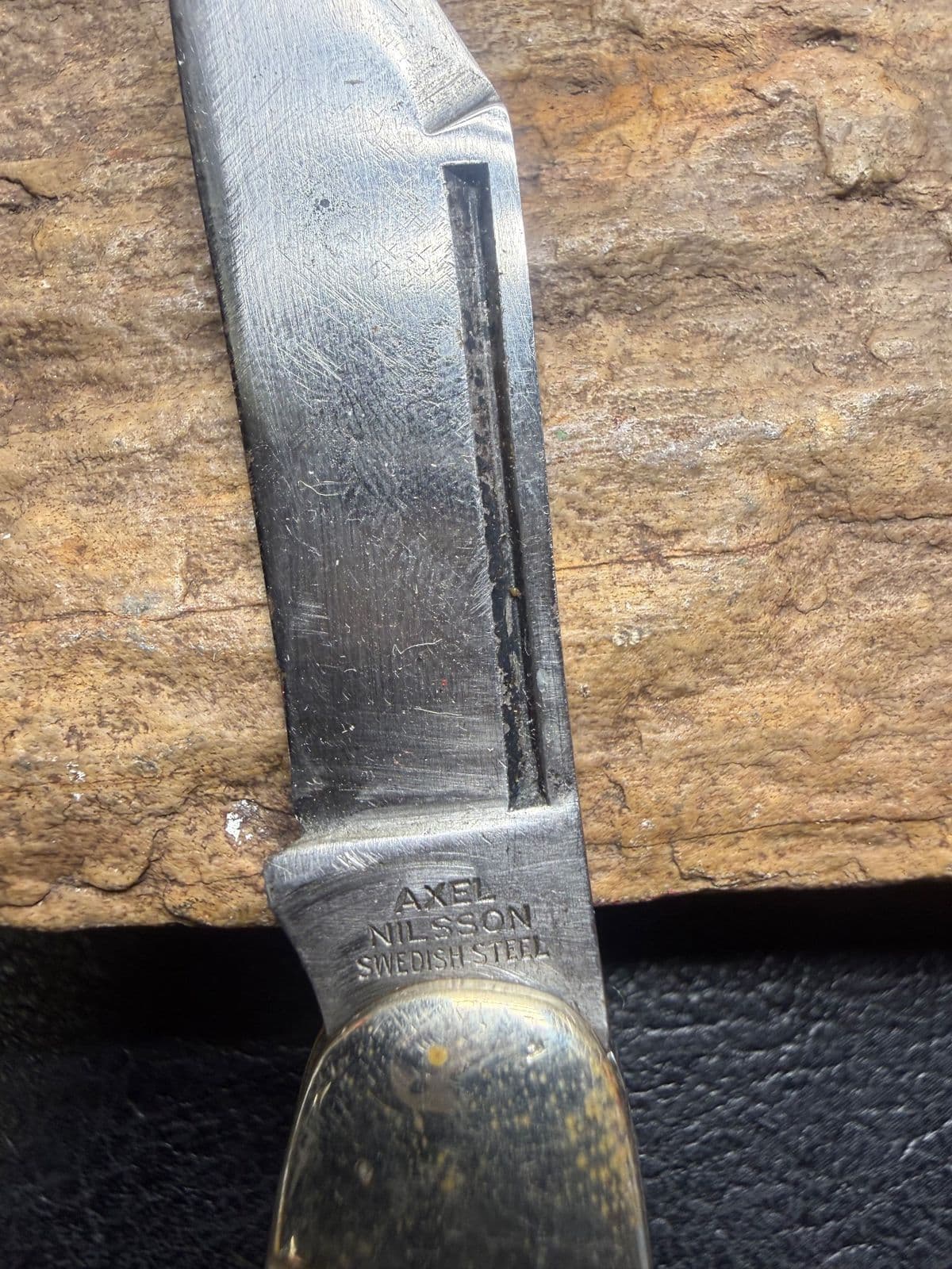 Axel Nilsson Swedish Steel 3-Blade Pocket Knife – Yellow Swirl Celluloid – Vintage thumbnail 3