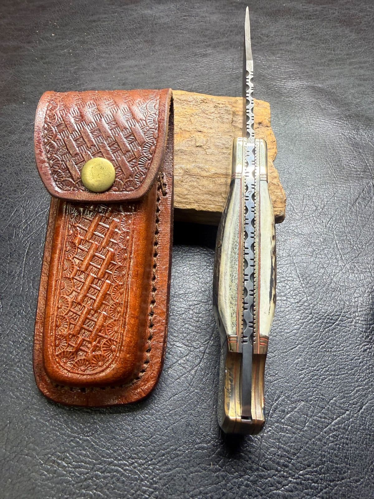 Damascus Lockback Folding Hunter with Stag Handle and Tooled Leather Sheath thumbnail 2