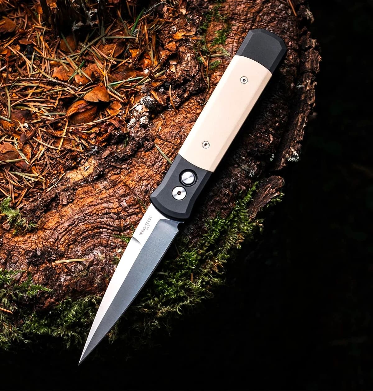 Pro-Tech Godfather Automatic Knife – Tuxedo, Black Aluminum with Ivory Micarta Inlays (951) — image 1 of 1