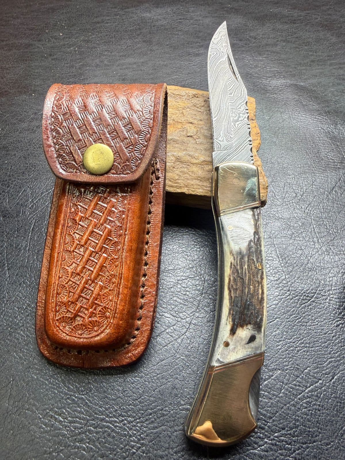 Damascus Lockback Folding Hunter with Stag Handle and Tooled Leather Sheath — image 1 of 2